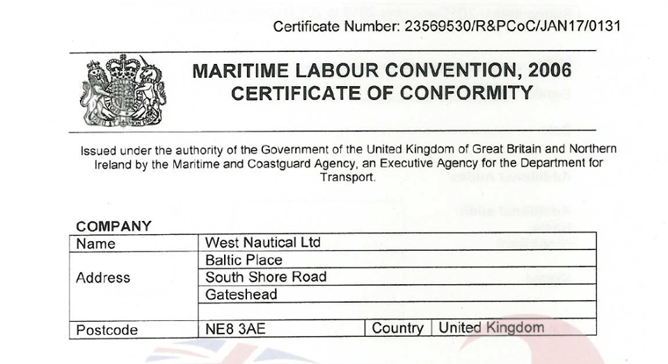 West Nautical receive MLC certification as a seafarer recruitment company