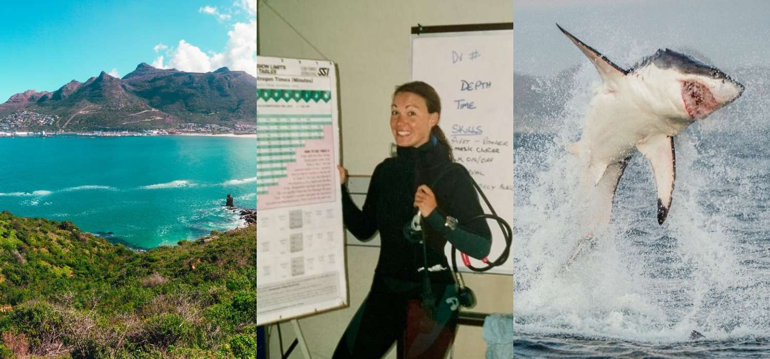 Sarah Diggle Whitlock Dived with Great White Sharks in South Africa - An image of South Africa, an image of Sarah in dive gear, an image of a great white shark