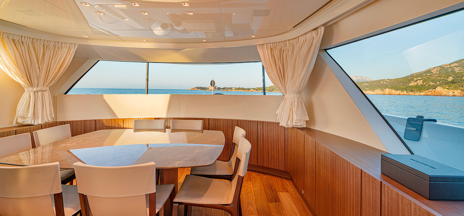 Dining area on board Firefly, a luxury motor yacht