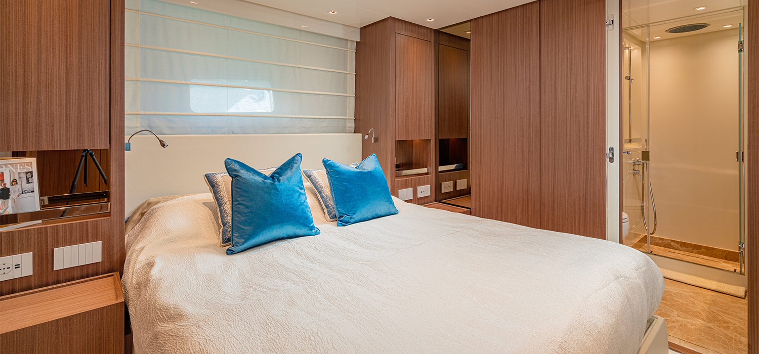 A VIP cabin and ensuite bathroom on a luxury motor yacht, Firefly