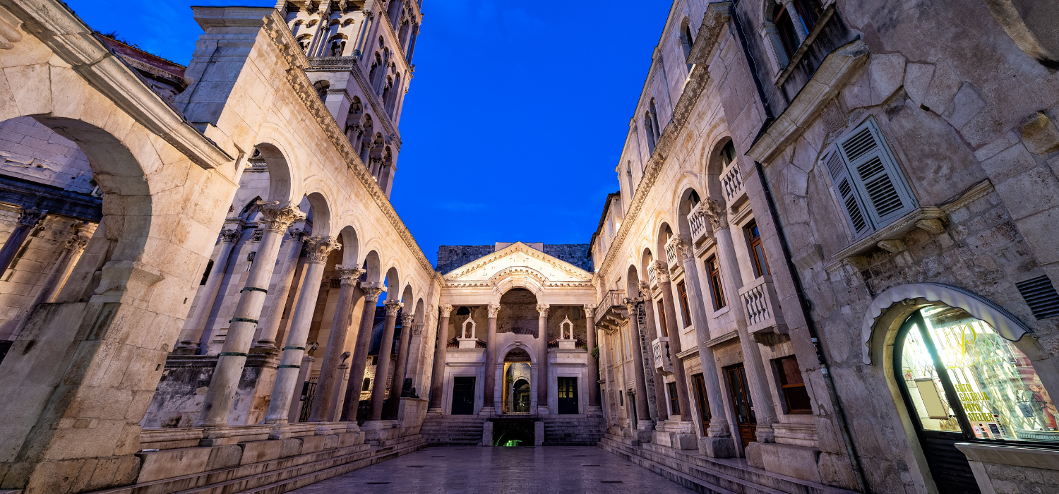 Blue hour view of Diocletian's Palace in Split, Croatia.