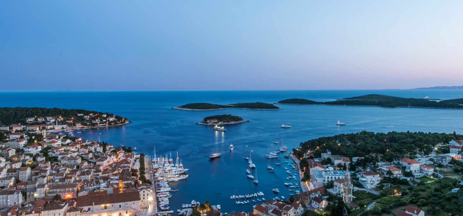 Aerial view of coastal town on hillside, Hvar, Split, Croatia