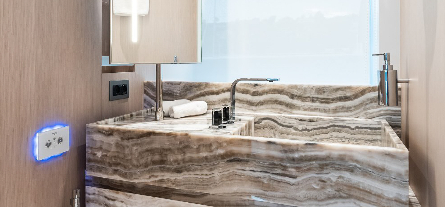 Head on board luxury motor yacht Ami